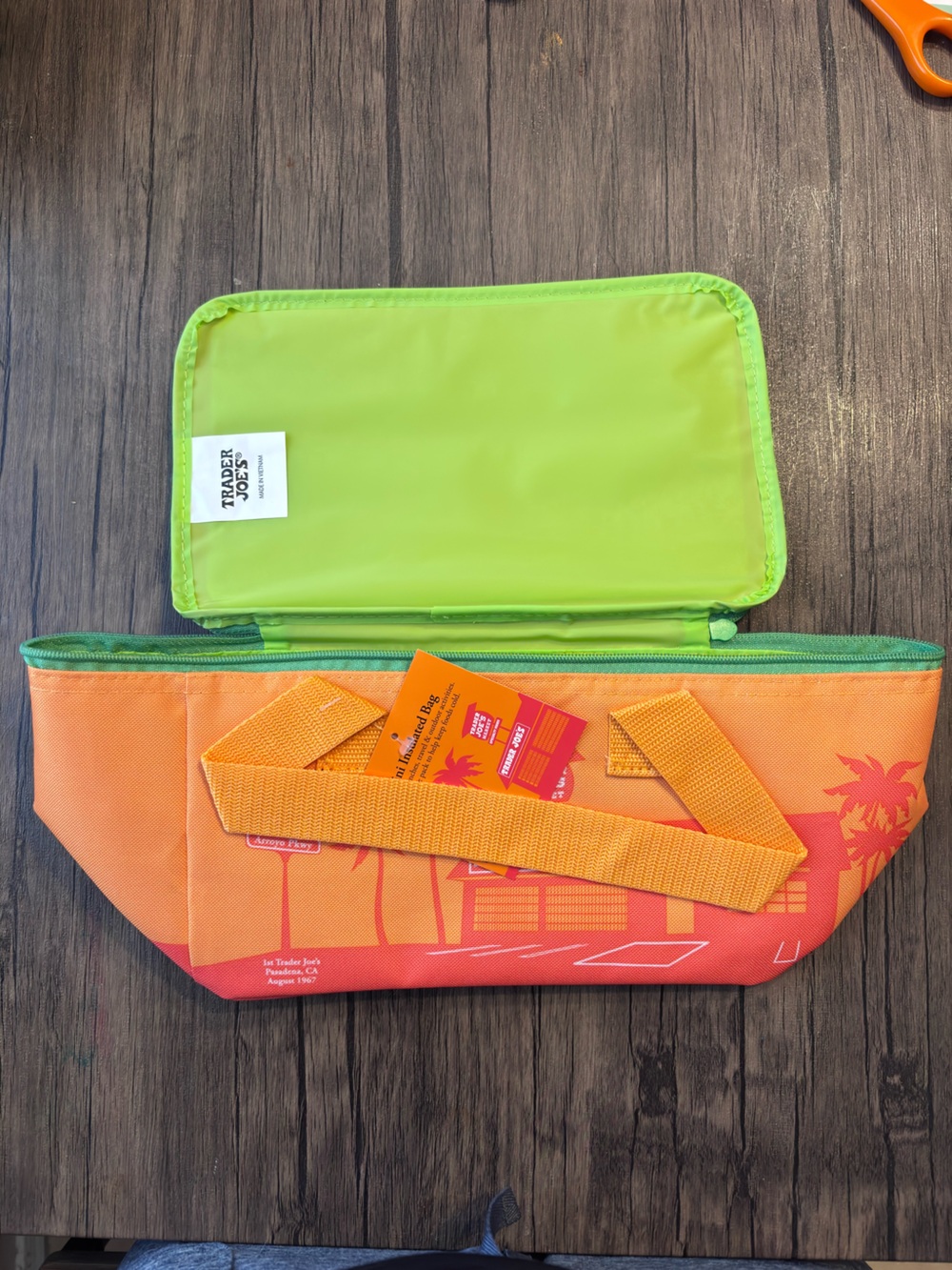 Trader Joe's Orange Lunch Tote Bag with Green Zipper & Palm Tree Design, 1 bag
